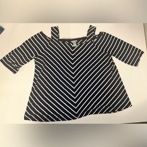 Catherines Blouse 2X (22/24W) Navy Blue White Stripes Cold Shoulder Stretch Plus
